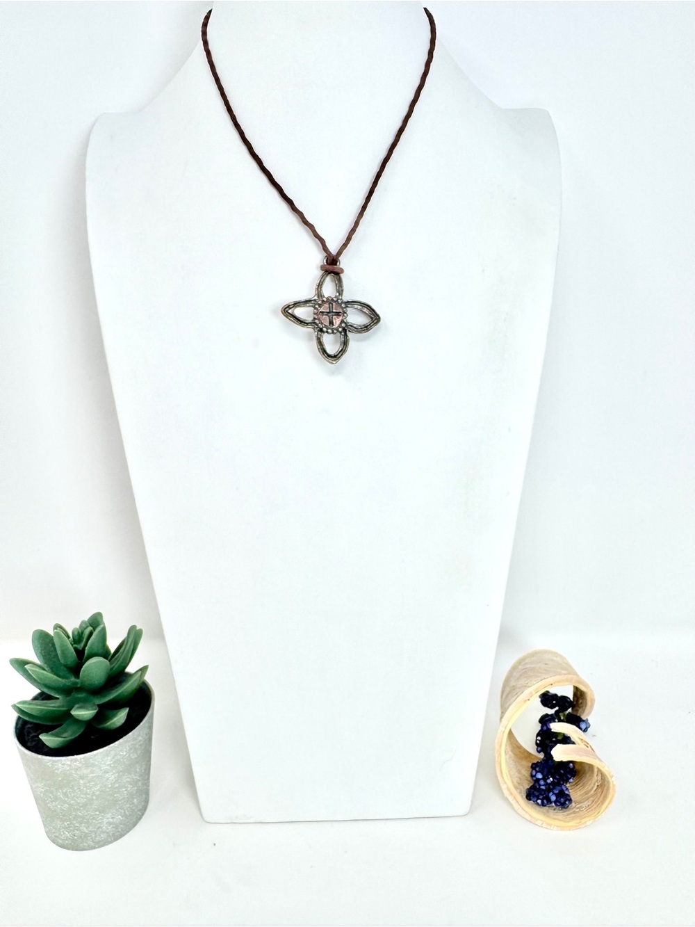 Vintage Southwestern Artisan Openwork Cross Flower Pendant Cord Necklace